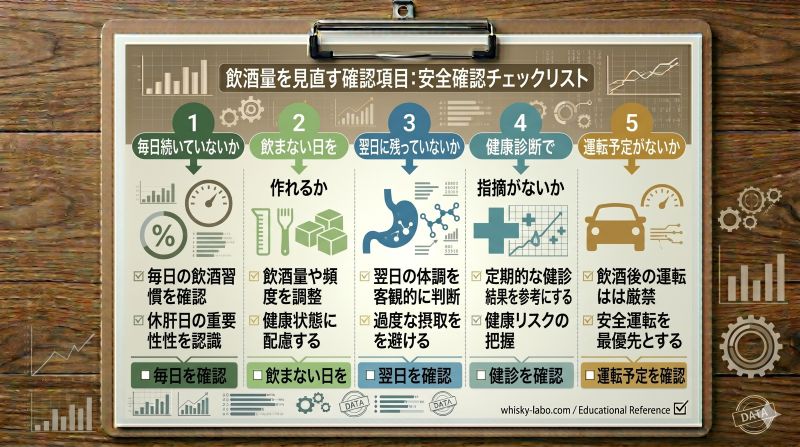 ウイスキー100mlを毎日飲む場合に頻度、体調、健康診断、運転予定を確認するチェックリスト風イメージ
