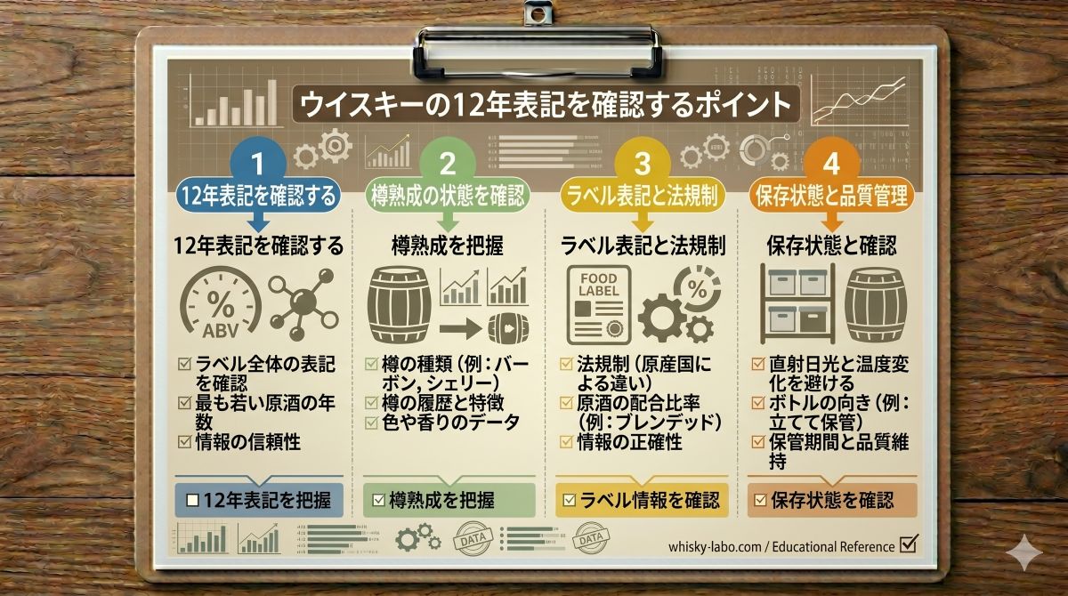 ウイスキーの12年表記、樽熟成、ラベル確認、保存状態を整理した資料風イメージ