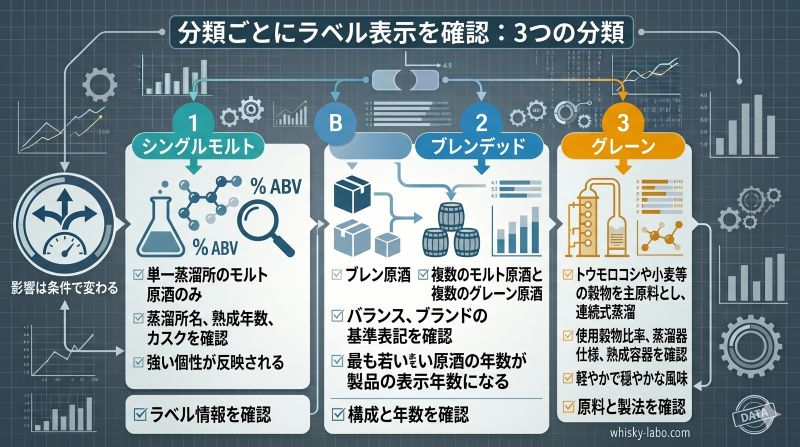 シングルモルト、ブレンデッド、グレーンの分類ごとに12年表記の確認ポイントを整理した比較図