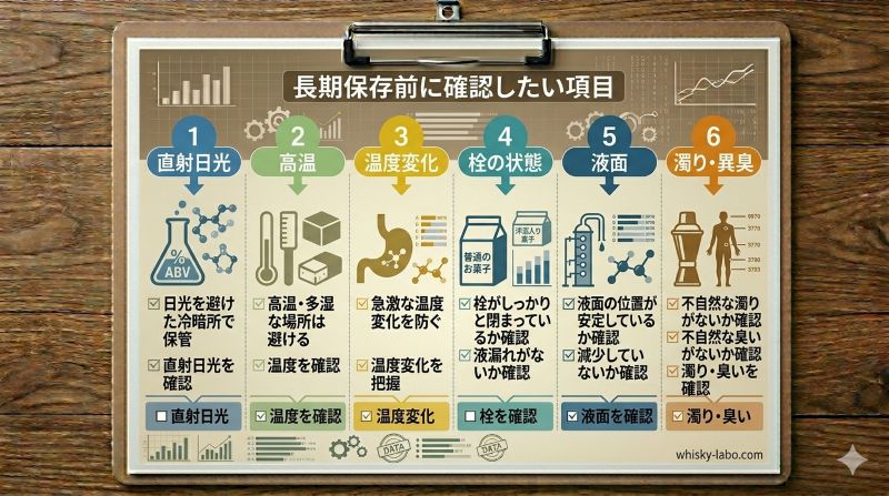 ウイスキーを長期保存するときに確認したい直射日光、高温、温度変化、栓、液面、濁り、異臭のチェックリスト