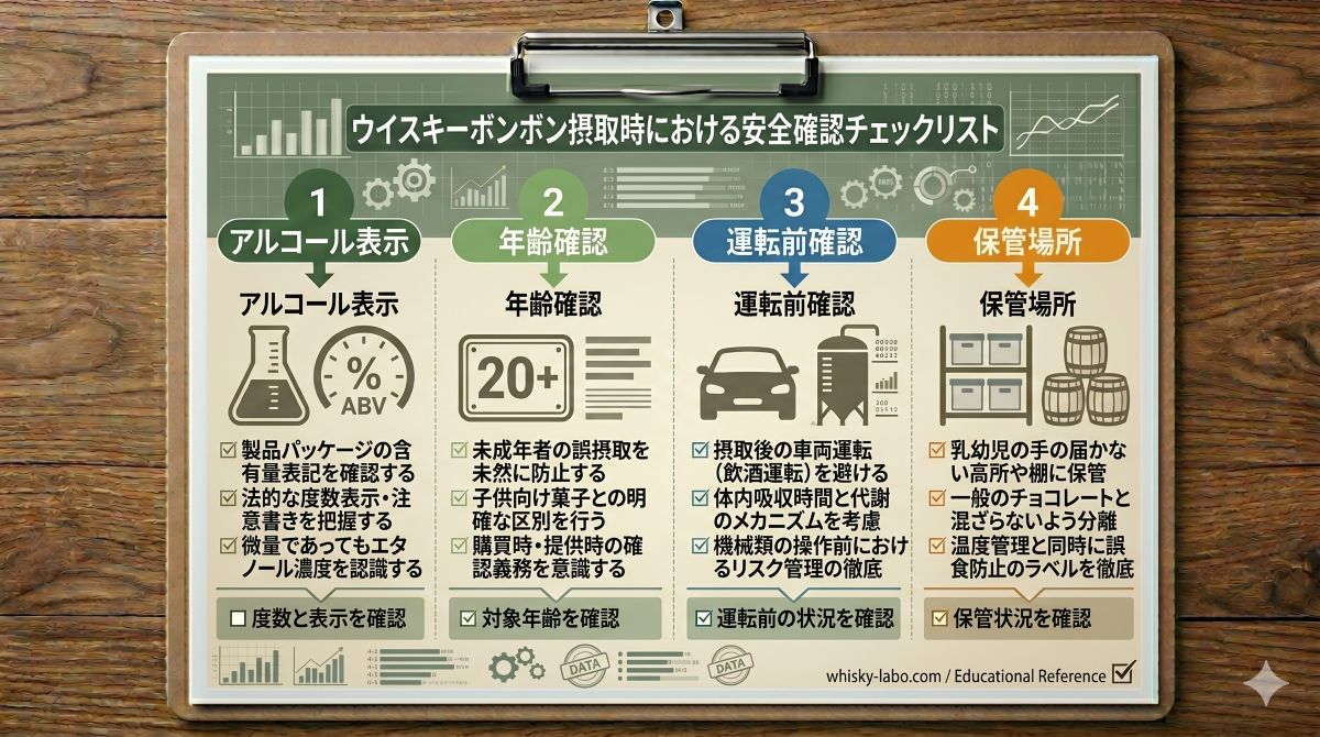 ウイスキーボンボンに含まれるアルコール表示、年齢、運転前、保管場所の確認点を示す資料風イメージ