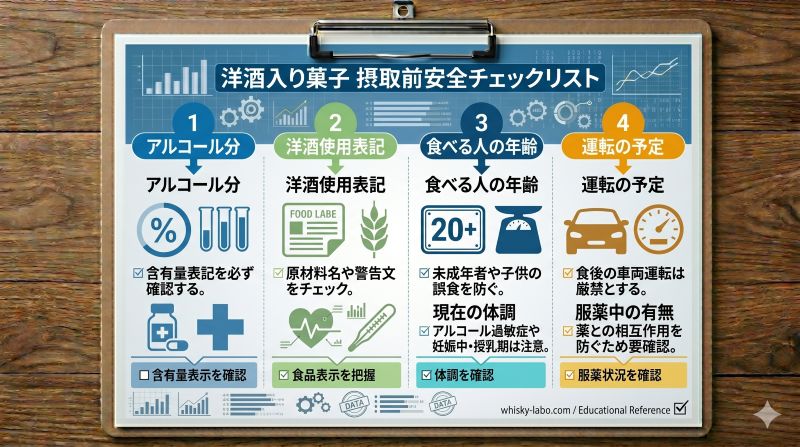 ウイスキーボンボンを食べる前に確認したいアルコール分、年齢、運転予定、体調を示すチェックリスト