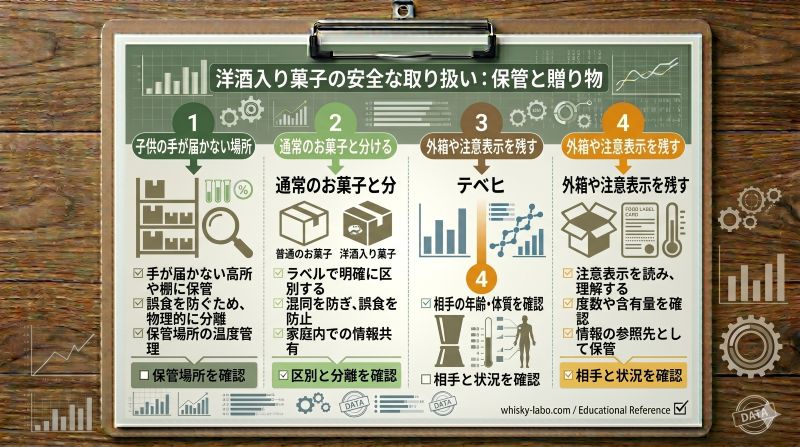 ウイスキーボンボンを子供の手が届かない場所に保管し、贈り物では年齢や体質を確認することを示す資料風イメージ