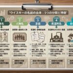 ウイスキーの名前の由来を地名、人物名、言語、蒸溜所名、自然環境に分けて整理した資料風イメージ