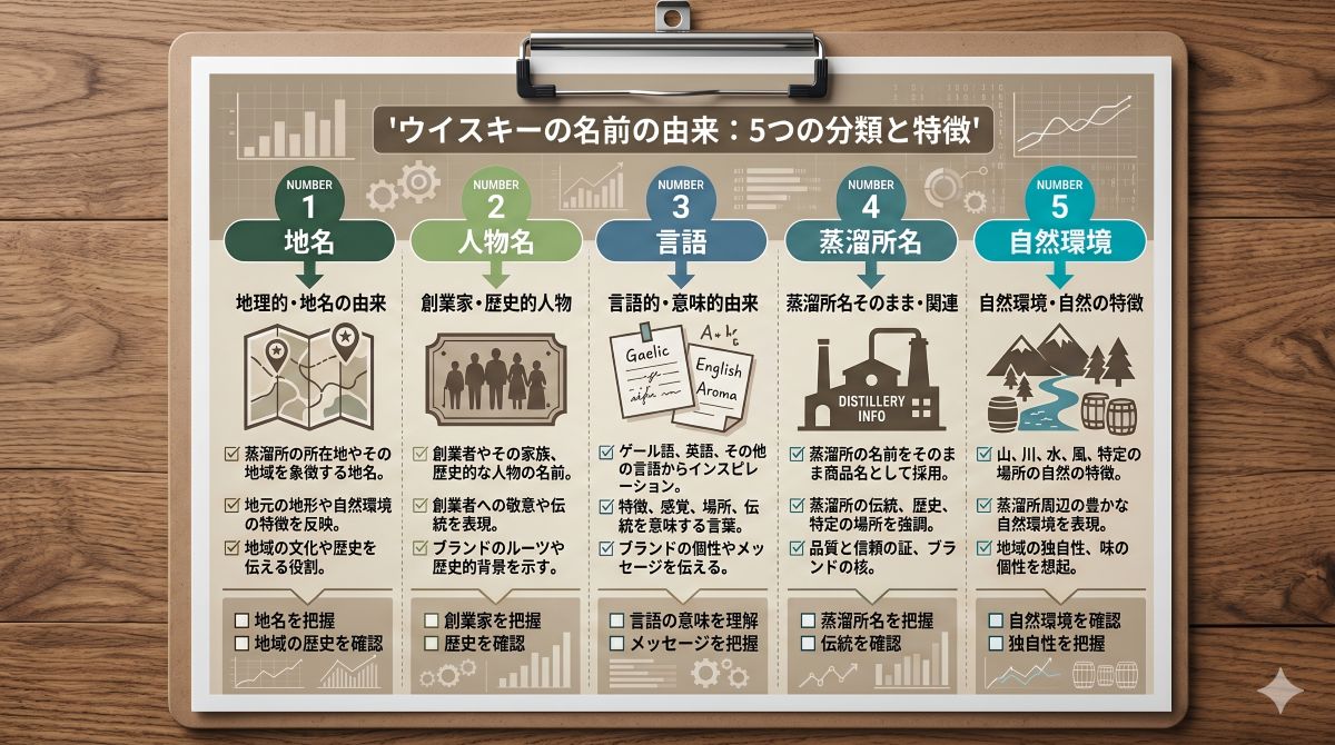 ウイスキーの名前の由来を地名、人物名、言語、蒸溜所名、自然環境に分けて整理した資料風イメージ