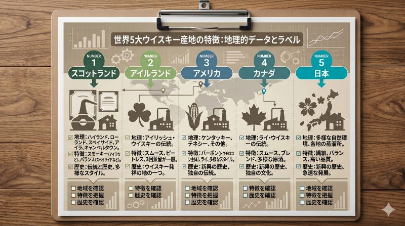 ウイスキー名に見られる地名、自然環境、人物名、理念、言語の由来を整理した図解風イメージ