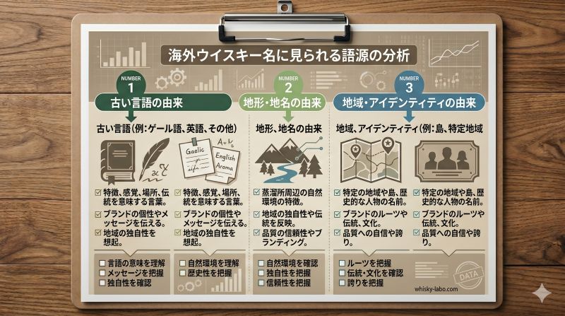 世界5大ウイスキーの産地であるスコットランド、アイルランド、アメリカ、カナダ、日本を示す資料風地図イメージ