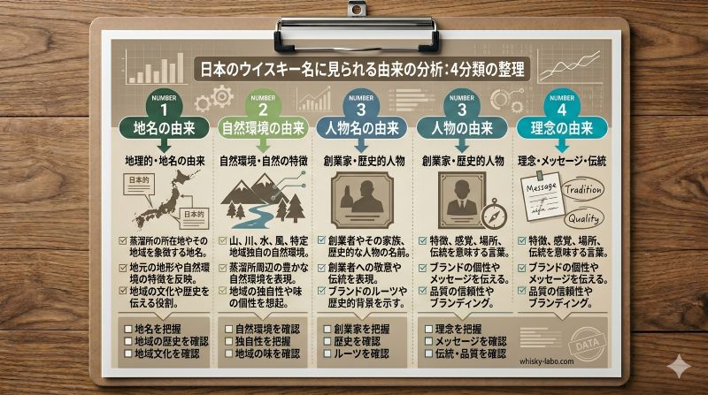 日本のウイスキー名に見られる地名、自然環境、人物名、理念の由来を整理したチェックリスト風イメージ