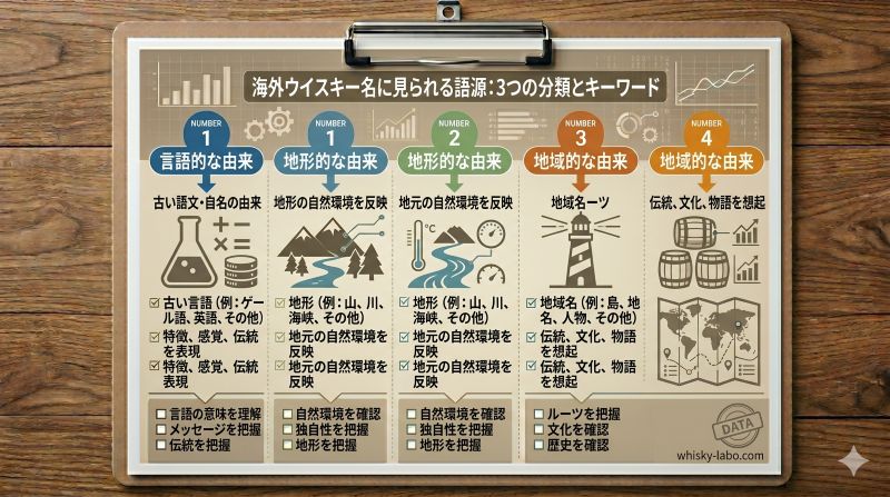 海外ウイスキー名に見られる古い言語、地名、島、川、海峡などの由来を整理したメモ風イメージ