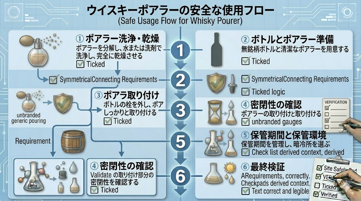 ウイスキーポアラーをつけっぱなしにする前に確認したい密閉性、洗浄、乾燥、保管期間を示す資料風イメージ