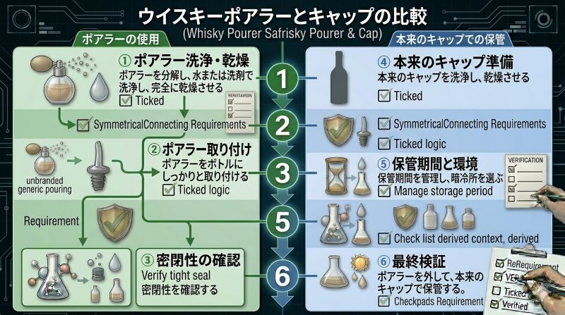 ウイスキーポアラーと本来のキャップの役割の違いを示す資料風イメージ