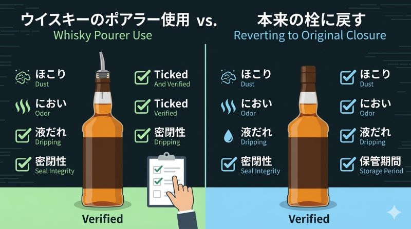 ウイスキーポアラーをつけっぱなしにする場合と本来の栓に戻す場合の確認ポイントを比較した資料風イメージ