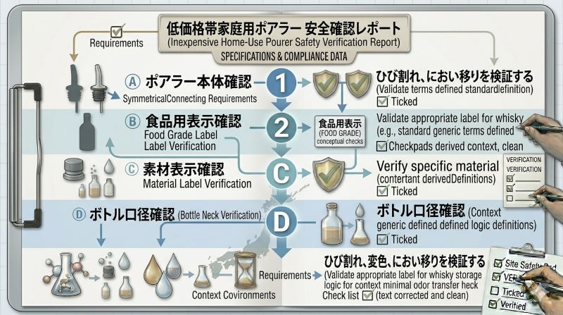 家庭用ポアラーを使う前に確認したい食品用表示、素材、ボトル口径、ひび割れ、変色を示すチェックリスト風イメージ
