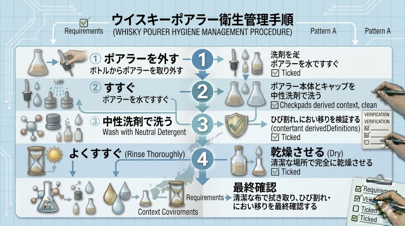 ウイスキーポアラーを外してすすぎ、洗浄し、十分に乾燥させる基本手順を示す資料風イメージ