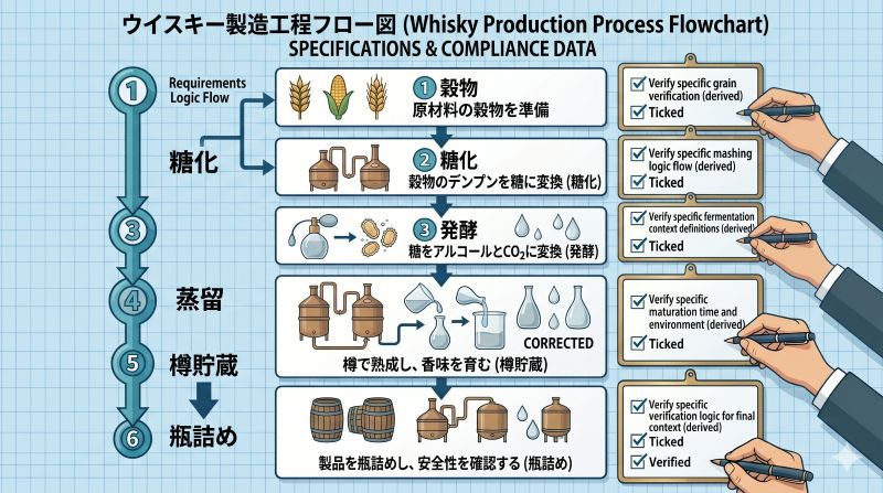 ウイスキーが穀類を原料に糖化、発酵、蒸留、貯蔵、瓶詰めを経て造られる流れを示す資料風イメージ