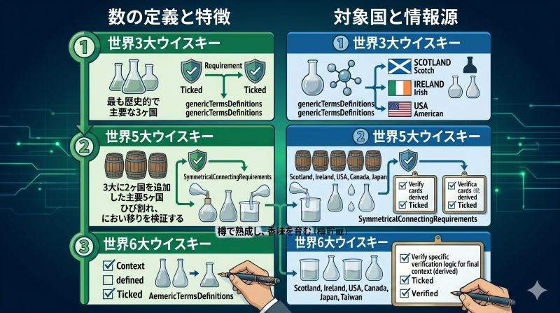 スコッチ、アイリッシュ、アメリカン、カナディアン、ジャパニーズの主な分類と表示基準の違いを整理した比較図