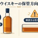ウイスキーの縦置きと横置きを比較し、横置きでは栓の状態を確認することを示す図