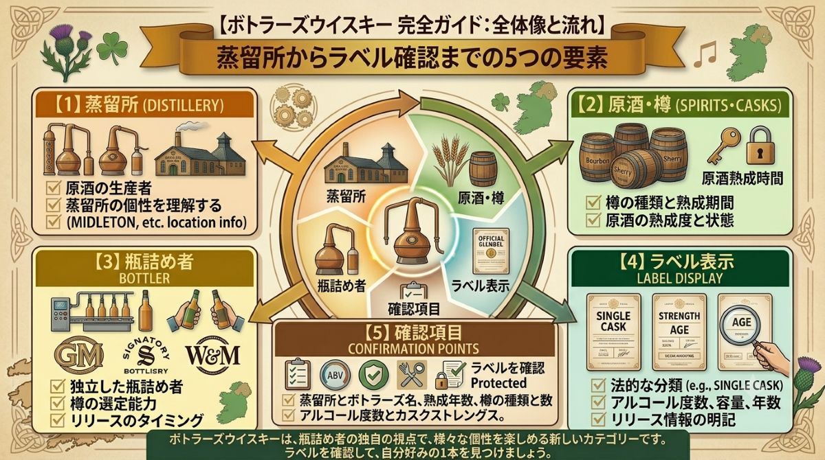 ボトラーズウイスキーの仕組みを蒸留所、樽、瓶詰め者、ラベル表示の流れで示す資料風イメージ