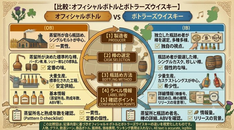 オフィシャルボトルとボトラーズウイスキーの違いを瓶詰め主体とラベル表示で比較する資料風イメージ