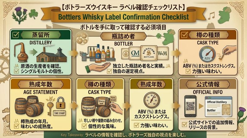 ボトラーズウイスキーのラベルで確認したい蒸留所名、瓶詰め者名、樽番号、ABVを示すチェックリスト風イメージ