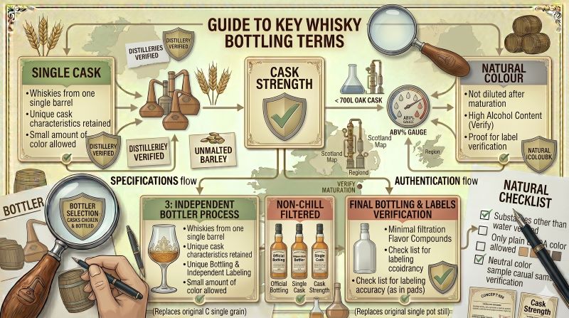 Single Cask、Cask Strength、Non-chill Filtered、Natural Colourの意味を整理した教材風イメージ