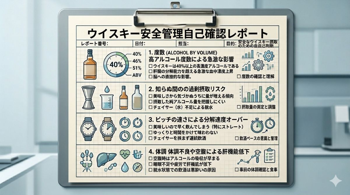 ウイスキーで酔いやすい理由としてアルコール度数、飲酒量、飲むペース、体調の確認項目を整理した資料風アイキャッチ画像