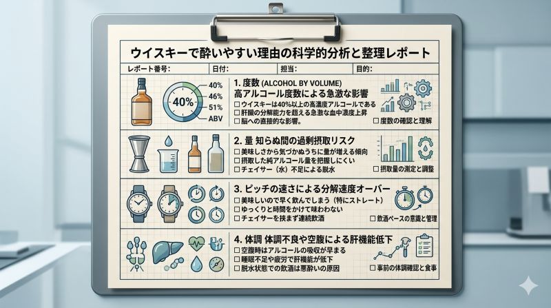 ウイスキーで酔いやすい理由としてアルコール度数、飲酒量、飲むペース、体調を整理した資料風イメージ