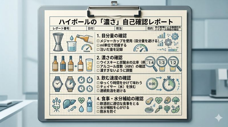 ハイボールの濃さや飲むペース、食事や水分補給の確認項目をまとめたチェックリスト風イメージ