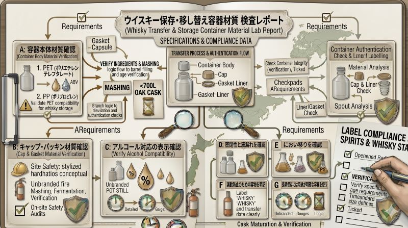 PET、PP、PE、PS、キャップ、パッキン、食品用表示、アルコール対応を確認する素材チェックリスト風イメージ