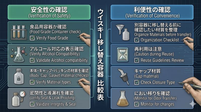 ウイスキー保存でガラス瓶とペットボトルの保存期間、におい移り、密閉性、遮光性を比較する資料カード風イメージ
