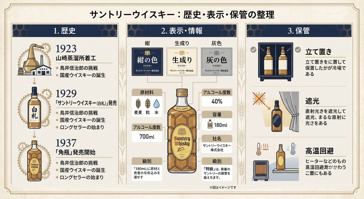 alt="国産ブレンデッドウイスキーの歴史、原材料、度数、容量、旧表示、保管条件を整理した資料風イメージ"