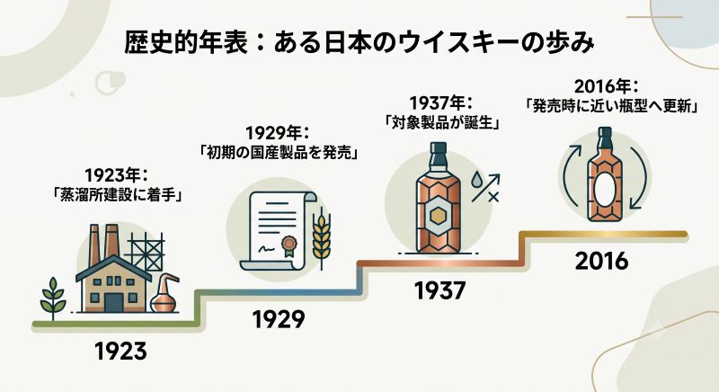 alt="1923年の蒸溜所建設着手、1929年の初期製品発売、1937年の製品誕生、2016年の外観更新を示す年表風イメージ"