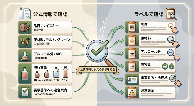 alt="現行ウイスキーの公式情報とラベルで確認する品目、原材料、アルコール度数、容量、事業者表示を左右で整理した比較図"