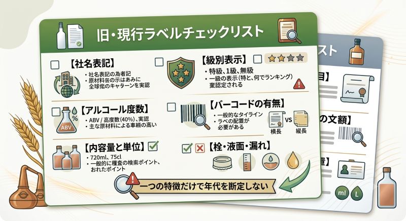alt="旧ウイスキーボトルの年代を推定する社名、級別、度数、容量、バーコード、ラベル、保存状態のチェックリスト風イメージ"