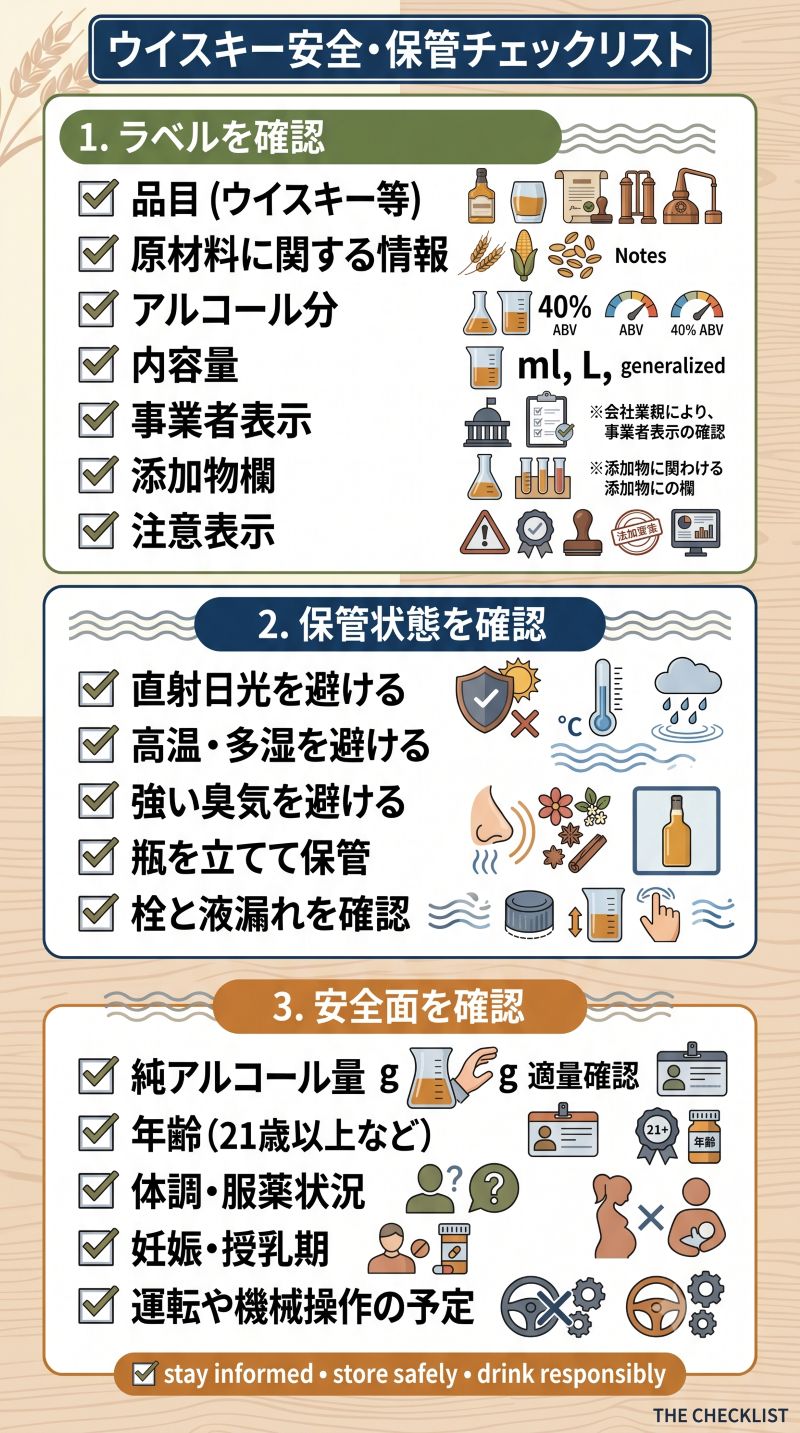 alt="ウイスキーのラベル表示、保管環境、純アルコール量と飲酒時の注意事項を整理したチェックリスト風イメージ"