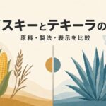 ウイスキーとテキーラの原料・製法・表示の違いを穀物とブルーアガベで示す比較図