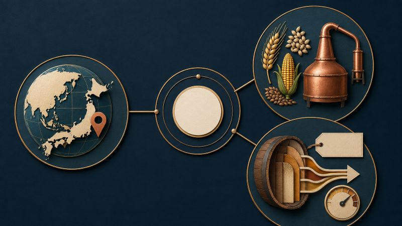 ウイスキーを国や地域、原料と製法、原酒構成と表示の3つの軸で分類する図
