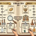 ウォッカとウイスキーの原料、ろ過、木樽熟成、色の違いを示す比較資料風イメージ