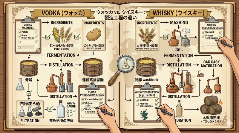 ウォッカの連続式蒸留と白樺炭ろ過、ウイスキーの糖化・蒸留・木樽熟成を比較する工程図風イメージ ウォッカの連続式蒸留と白樺炭ろ過、ウイスキーの糖化・蒸留・木樽熟成を比較する工程図風イメージ
