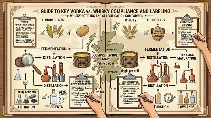 Vodka、原料、ろ過、ABV、Scotch、Bourbon、Irish、熟成年数、熟成樽を確認するチェックリスト風イメージ