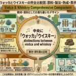 ウォッカとウイスキーの原料、製法、ろ過、熟成、色、ラベル表示の違いを整理した比較図