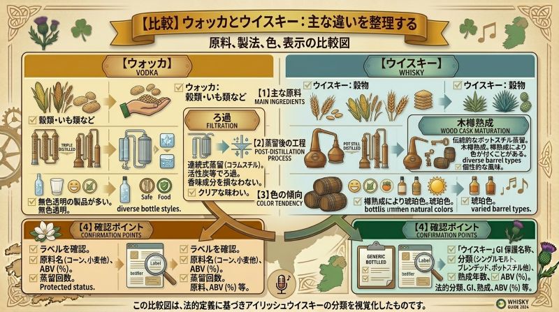 ウォッカとウイスキーの原料、ろ過、木樽熟成、色の違いを左右で比較した資料風イメージ