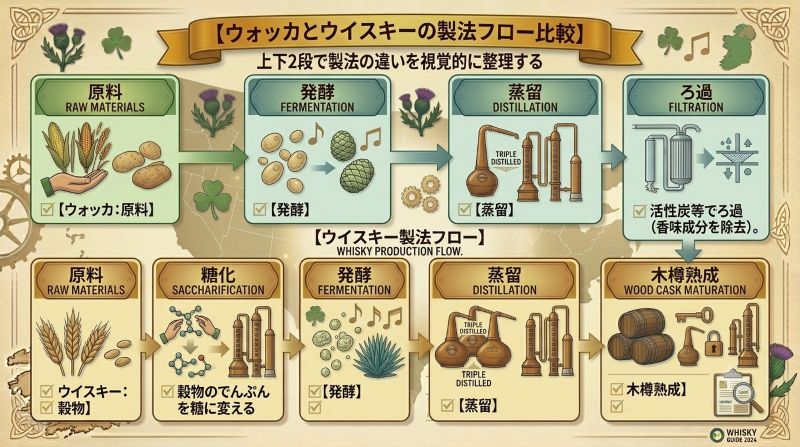 ウォッカの発酵蒸留ろ過工程とウイスキーの糖化発酵蒸留木樽熟成工程を比較したフロー図