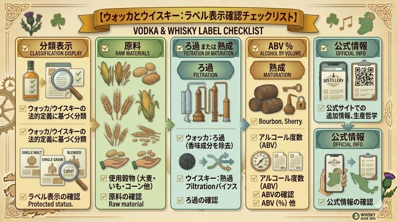 ウォッカとウイスキーのラベルで確認したい分類表示、原料、ろ過、熟成、ABVを整理したチェックリスト