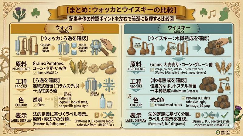 ウォッカはろ過、ウイスキーは木樽熟成を中心に原料、色、表示の違いを比較したまとめ画像