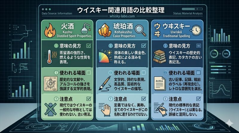火酒、琥珀酒、ウヰスキーの意味と使われ方を比較する資料風イメージ