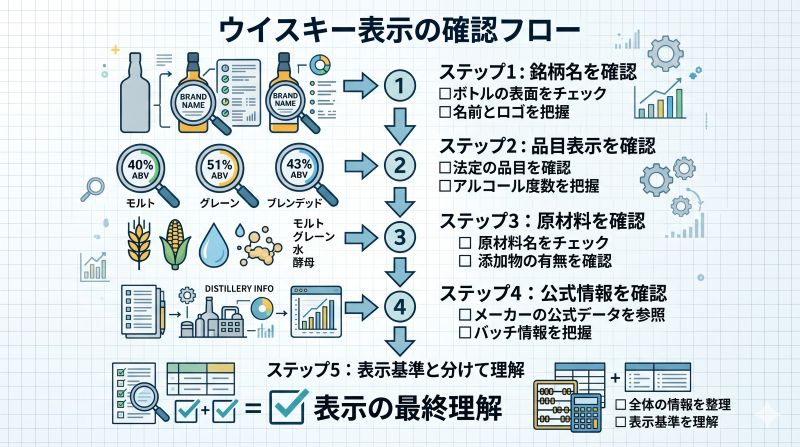 ウイスキーの銘柄名、品目表示、原材料、公式情報を順番に確認する流れを示したフロー図