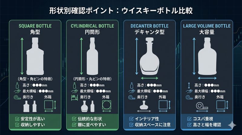 角型、円筒形、デキャンタ型、大容量ボトルの収納確認ポイントを比較した資料風イメージ