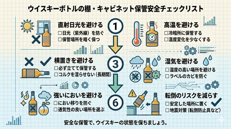 ウイスキーボトルを直射日光や高温を避けて立てて保管する注意点を示すチェックリスト風イメージ
