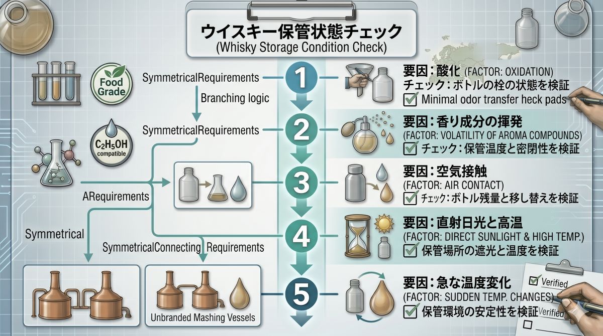 ウイスキーの状態変化に関係する酸化、揮発、空気接触、光、高温、温度変化、残量、栓の状態を示す資料風イメージ